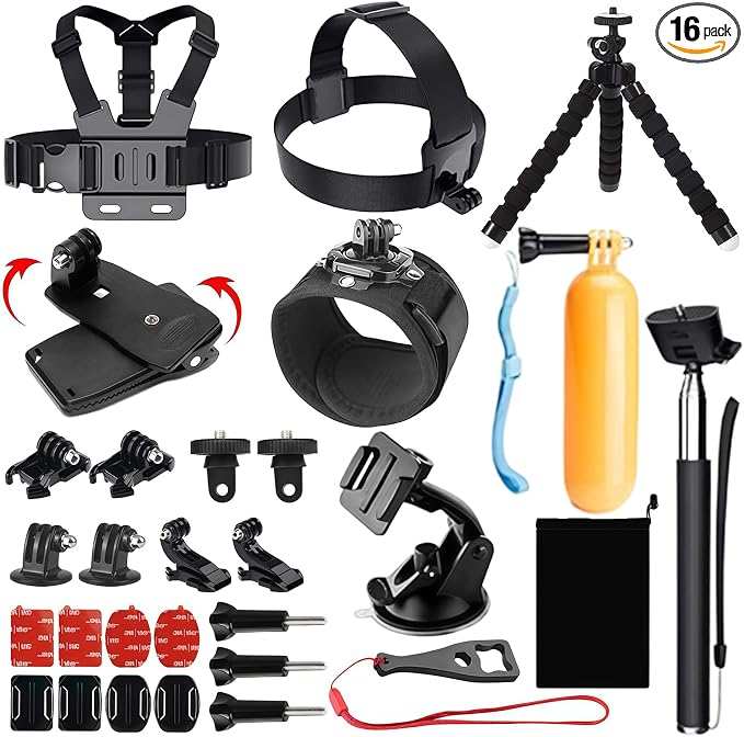Accessories Kit for AKASO EK5000 EK7000 4K WiFi Action Camera | Accessories for Go Pro Hero 13 12 11 10 9 8 7 6 5/Session 5 SJ4000 SJ5000 Insta 360 X5 X4 Air ACE Pro 2(16-in-1) by SRUIM