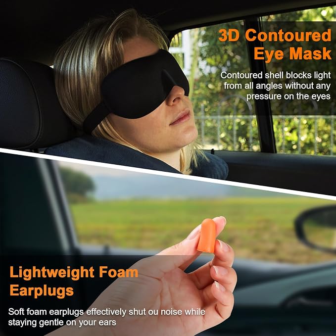Travel Pillow - Hooded Neck Pillow Airplane Memory Foam Filling | for Plane, Office, Cars Sleeping, Road Trip, Long Flights Essentials, Includes Eye Mask & Earplugs (Dark Gray) - Image 5