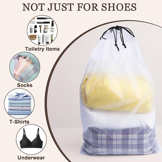 5 Pack Clear Shoe Bags for Travel Essentials Reusable Storage | 15.7"×11.8" PEVA Drawstring, Water-Resistant, Fits up to Men’s 12–13, for Clothes & Toiletries, Keep Luggage Tidy & Odor-Free - Image 6