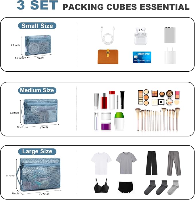 NOL 3-Pack Mesh Travel Toiletry Bags - Clear Zipper Travel Organizer, Airport Carry-On Compliant Reusable Cosmetic Makeup Bag for Women & Men (Dusty blue) - Image 2