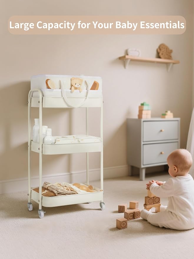 Baby Diaper Caddy, 3 Tier Rolling Cart for Baby Essentials, Beige | Diaper Cart with Detachable Dividers, Nursery Storage & Bottle Organizer, Bedside Caddy for Bedroom and Living Room - Image 2