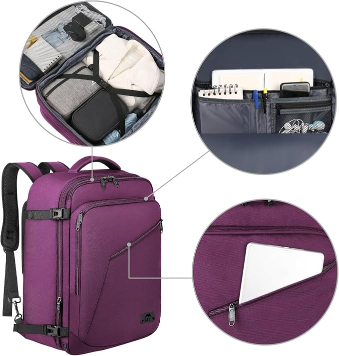 MATEIN Purple Carry on Backpack for Women, Flight Approved Bag for Traveler | Expandable Travel Backpack, Airline Daypack for Plane, Weekend BackPack, Water Resistant, Anti Theft, Gifts for Teacher Nurse - Image 8