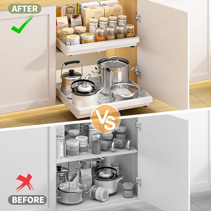 DOMNIU Pull Out Cabinet Organizers Expandable,White,16.9"Depth,2 Pack | Slide Out Drawers for Kitchen, Bathroom, Pantry, Under Sink Storage, Fixed with Adhesive Nano Film (11.6''-17.5'') - Image 6