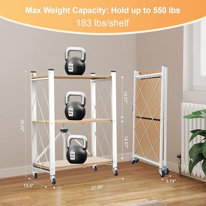 3 Tier Folding Shelf with Wheels, Metal Steel Collapsible Shelves | No Assembly, Portable Folding Storage Shelves, Rolling Standing Utility Rack for Kitchen, Office, Bedroom, Natural - Image 3