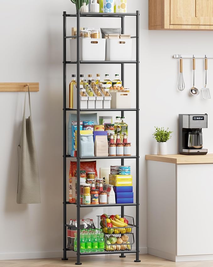 Sakugi Storage Shelves - 6 Tier Shelf Organizer, Sturdy Metal Garage Shelving with Adjustable Leveling Feet, Space-Saving Shelves Organizer for Pantry, Laundry, Kitchen (18" x 12" x 70", Black) by Sakugi
