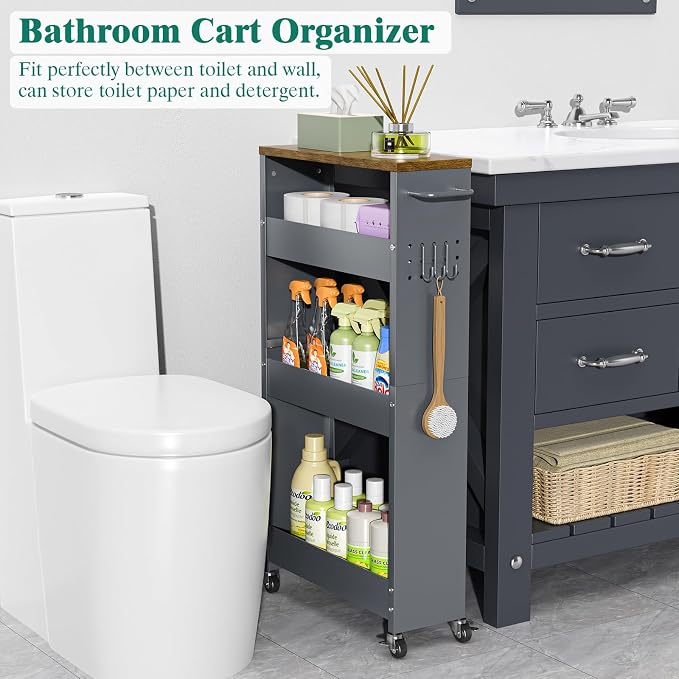 XYZLVSI Slim Storage Cart, Narrow Kitchen Rolling Cart for Small Spaces | 5.9" W skinny storage cart, 12.4" bottom metal utility cart with 360° swivel wheels for bathroom/laundry, slim shelf, Gray - Image 5