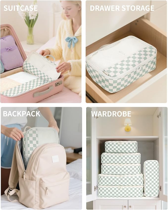Narwey 7 Set Checkered Packing Cubes for Travel Kids Women, Durable Packing Organizer Bags for Carry on Suitcase Luggage Travel Essentials Accessories (Mint Green Checkerboard) - Image 5