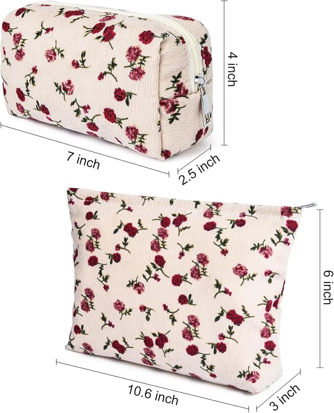 SOIDRAM 2 Pieces Rose Makeup Bag Large Corduroy Cosmetic Bag Capacity Canvas Mix Travel Toiletry Bag Organizer Cute Makeup Brushes Aesthetic Accessories Storage Bag for Women, Rose Mix White - Image 3