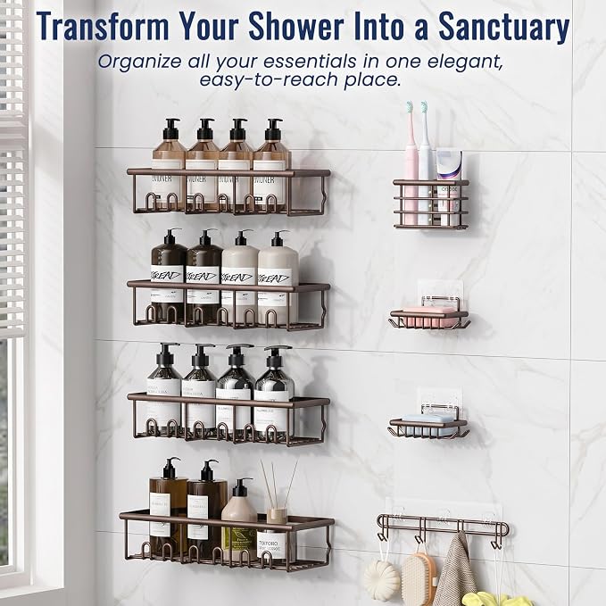 8 Pack Adhesive Rustproof Shower Caddy with Soap Dishes, Toothbrush Holder & Hooks, Large Capacity No-Drilling Shower Shelves Rack for Bathroom Organizers and Storage Accessories, Brown - Image 3