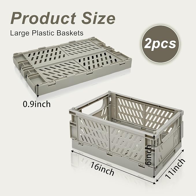2 Pack Mini Foldable Small Plastic Baskets for Organizing and Storage，Collapsible Storage Crates,Mini Bins for Home Kitchen Bedroom Bathroom Office (Grey, Extra Large 16x11x6) - Image 2
