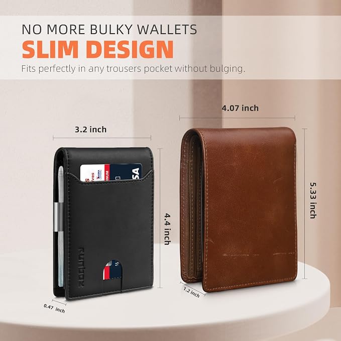 RUNBOX Slim Wallet for Men - RFID Blocking Leather Bifold with Money Clip | Minimalist Front Pocket Wallet Holds 11 Cards,Slim Thin Design,RFID Blocking Protection, Practical Birthday Gifts for Men - Image 3