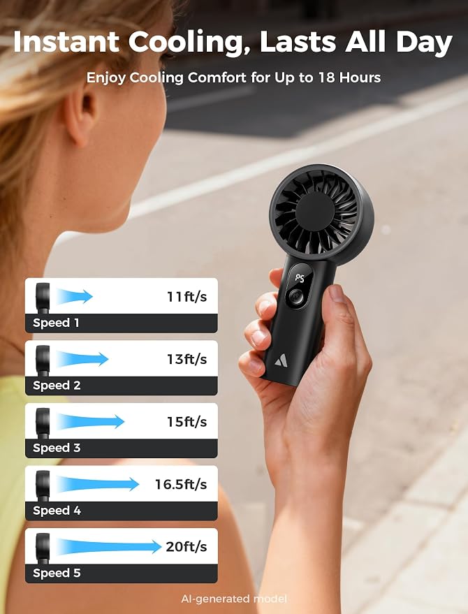 Aecooly Mighty Portable Fan, Powerful Handheld Fan, USB Rechargeable | [18H Max Cooling Time], Mini Personal Battery Powered, Pocket for Travel, Summer, Gifts for Women, Girls -Black - Image 4