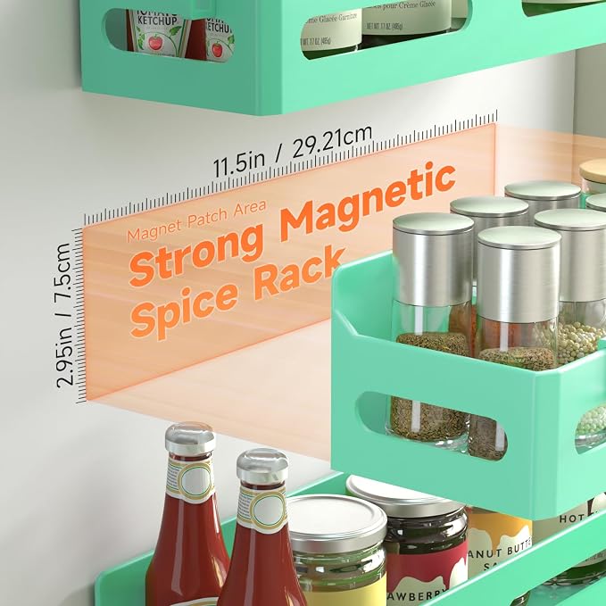 4-Pack Magnetic Spice Rack for Refrigerator with Hooks, Green | Strong multipurpose magnetic shelf for kitchen & bathroom organization. Includes 4 removable hooks for hanging items. - Image 2