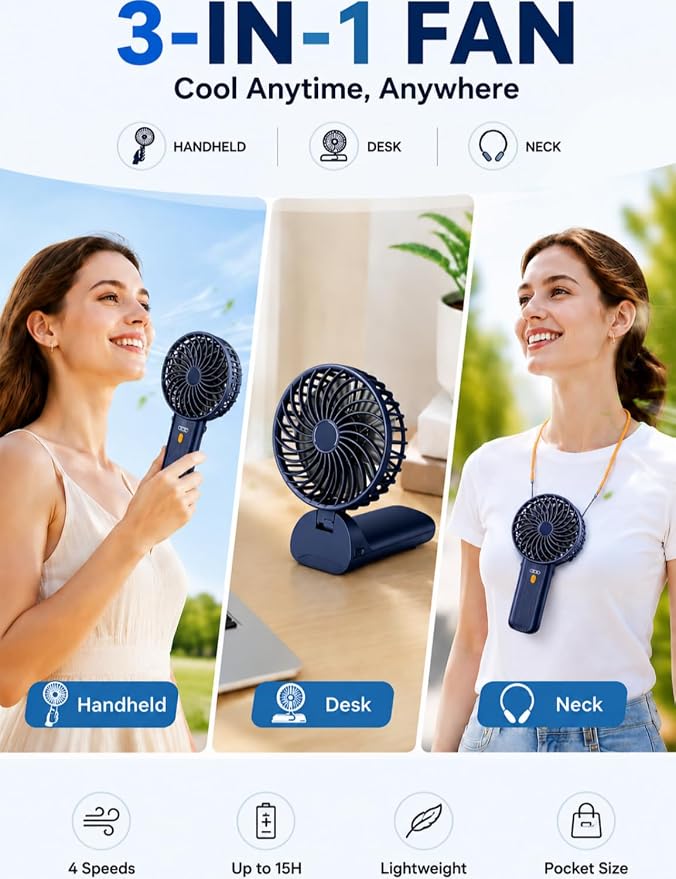 Portable Mini Fan, Quiet Foldable Fan with Lanyard (Navy Blue) | 4 Speeds, 15H Rechargeable Battery, Portable Pan for Travel, Home, Office, Outdoor, Makeup, Women, Men, Navy Blue - Image 3