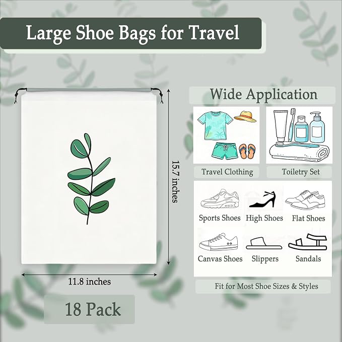 18PCS Clear Shoe Bags for Travel, Eucalyptus Leaf Pattern Travel Shoe Bags, Drawstring Shoe Travel Bags for Packing and Storage, Waterproof & Dustproof (15.7” x 11.8”) - Image 2