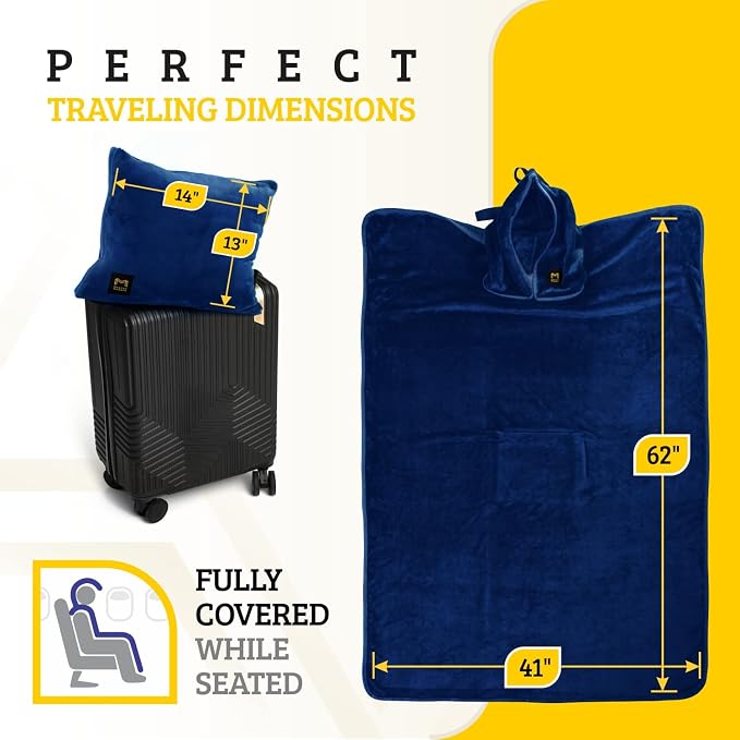 Travel Blanket Airplane Compact with Hoodie – 2in1 Airplane Travel Accessories from Plane Blanket to Travel Pillow with Luggage Strap, Soft Handle & Secure Pocket (Navy Blue, 62x41'') | 300 GSM fleece airplane blanket; attached hoodie doubles as its st... - Image 6