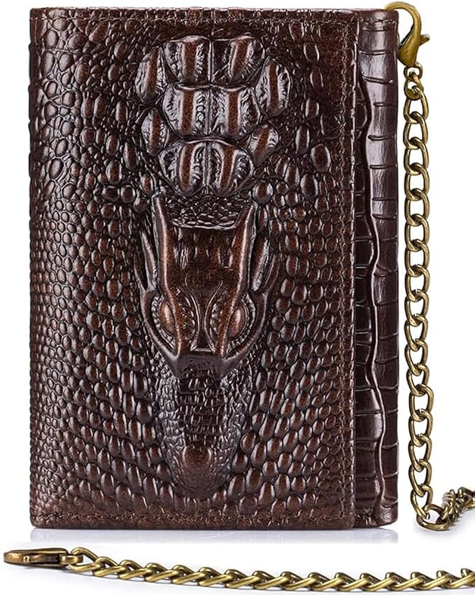 STEELLION Men's Trifold Wallet, Cowhide, 13 Card Slots, ID Window, RFID | Croc-embossed cowhide with a removable chain; practical organization for office, travel, and everyday carry (Coffee) by STEELLION