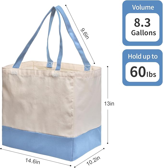 Reusable Grocery Bags Heavy Duty, 8.3 gal Foldable Large Canvas Tote Bag with Handles, Holds 60 lbs Canvas Shopping Bags, 3 Pack（Off White+Light Blue） - Image 4