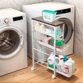 5 Tier Slim Storage Cart Metal Gap Filler with Wood Top White | Slim rolling cart fits 8" laundry gaps. Features a solid wood top for heavy detergents and breathable PP mesh drawers by Unknown