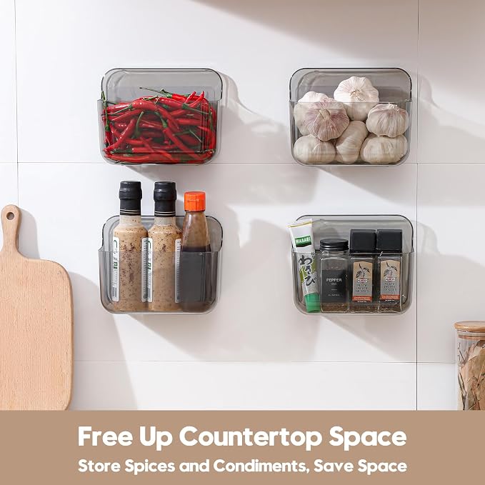 4 Pack Adhesive Kitchen Cabinet Door Organizer, Compact Pantry Organizers and Storage Box, Bathroom Storage Organizer Shelf for Narrow Space, Wall Mounted Shower Caddy Hanging Sink Caddy(Smoke Gray) - Image 2