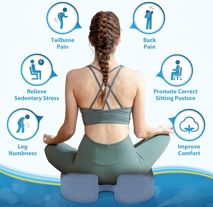 BlissTrends Thick Seat Cushion for Office Chair & Car Seat, XL, Grey&Blue | 5.2in Memory Foam with Removable Velvet Cover, Ergonomic Tailbone & Sciatica Support for Pressure Relief and Long Sitting - Image 2
