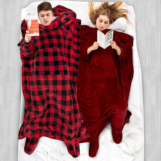 PAVILIA Fleece Blanket with Sleeves, Foot Pockets for Women Men Adults, Plush Wearable Blanket Throw Wrap, Warm Snuggle Blanket Robe, Cozy Gift Ideas Wife Mom, Burgundy Red - Image 5
