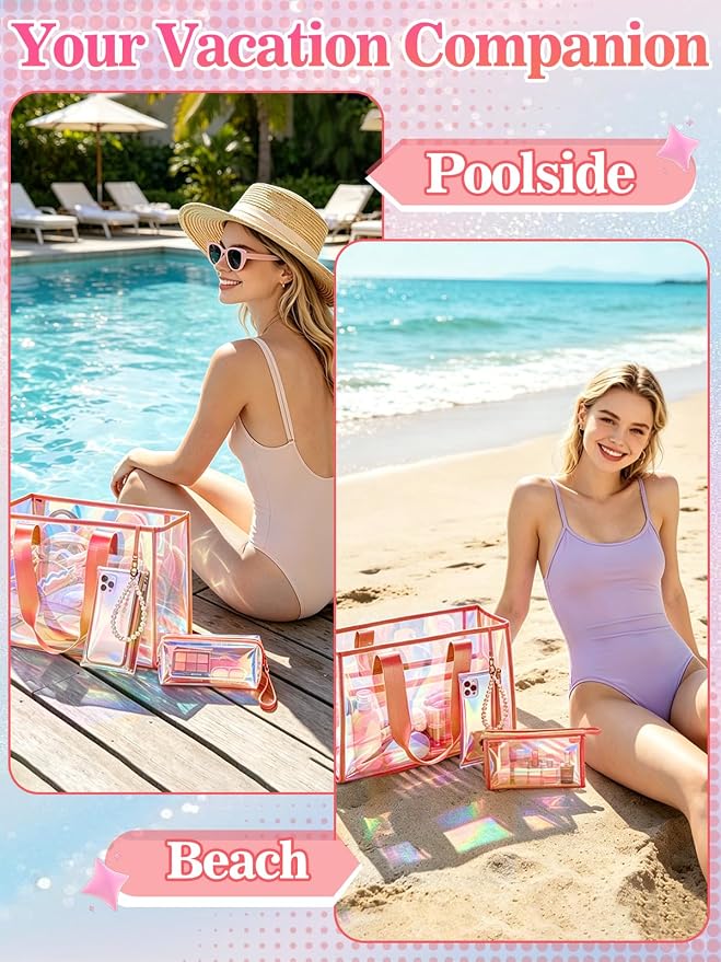 Cosweet Iridescent Beach Tote Bag with 3 Small Pouch for Women | 26L Waterproof Clear Jelly Bag, Tip-Proof Foldable, Small Pouch for Phone Makeup, for Pool Cruise Travel Gifts - Image 7