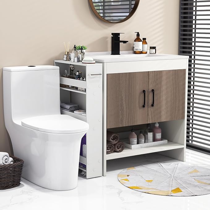 COSTWAY Slim Rolling Storage Cart, 4-Tier Rolling Utility Cart, Wood Kitchen Storage Cart with Handle & Wheels, Narrow Rolling Shelving Unit for Kitchen Bathroom Laundry Small Places (Plain White) - Image 3