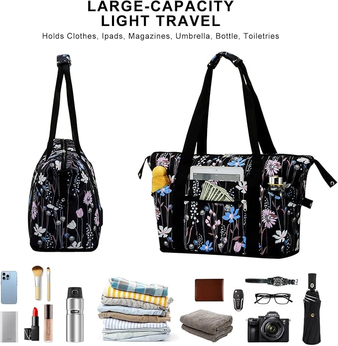 Expandable Duffel Bag for Women with Trolley Sleeve/Wet Pocket Weekender Travel Tote Large Carry On Overnight Luggage - Image 7
