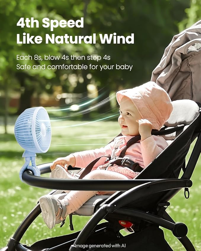 Gaiatop Oscillating Baby Stroller Fan with LED Lights, Rechargeable Blue | 4-Speed Quiet Cooling, 4.6 In, Battery Operated, 360° Rotate Clip On Small Portable Fans for Car Seat Crib Treadmill Travel - Image 5