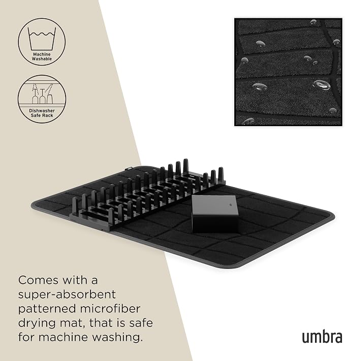 Umbra Udry Dish Drying Rack with Microfiber Mat, Foldable Drainer, Black | Machine washable, protects countertops, utensil holder, compact space saving design - Image 5