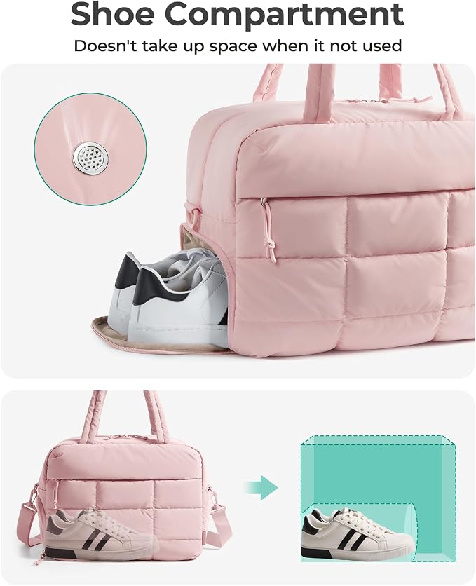 BAGSMART Gym Bag for Women, Carry on Travel Duffel Bag, Water-resistant Weekender with Shoe Compartment for Gym Travel Work, Light Pink, Medium - Image 3