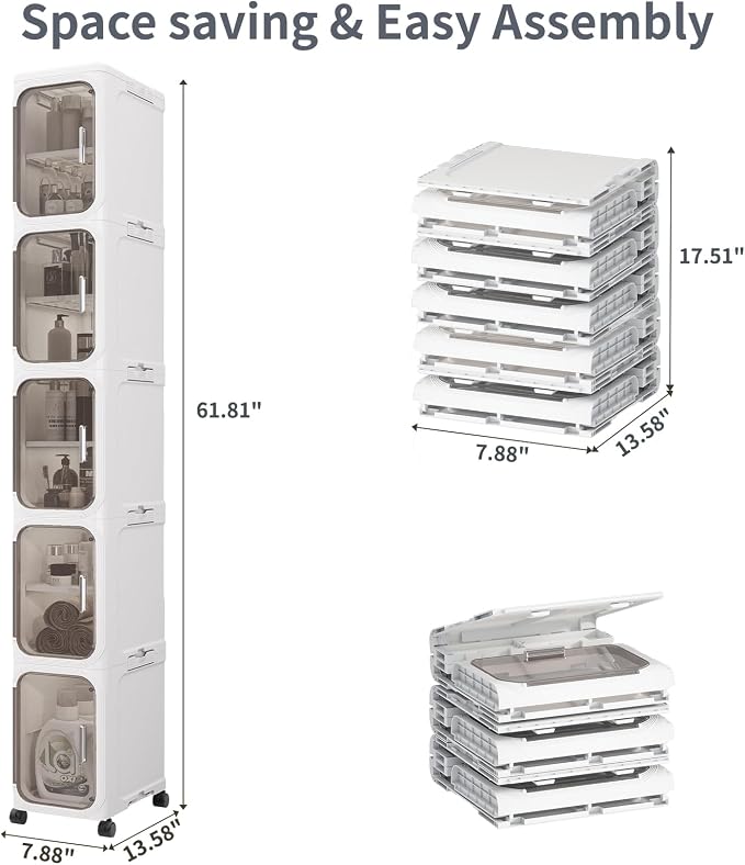 5 Tier Slim Bathroom Storage Cabinet, Foldable and Movable, White | Tools Free, ABS and PET, Magnetic Clear Door, Adjustable Shelves, Lockable Wheels, Water Resistant, For Narrow Space - Image 2