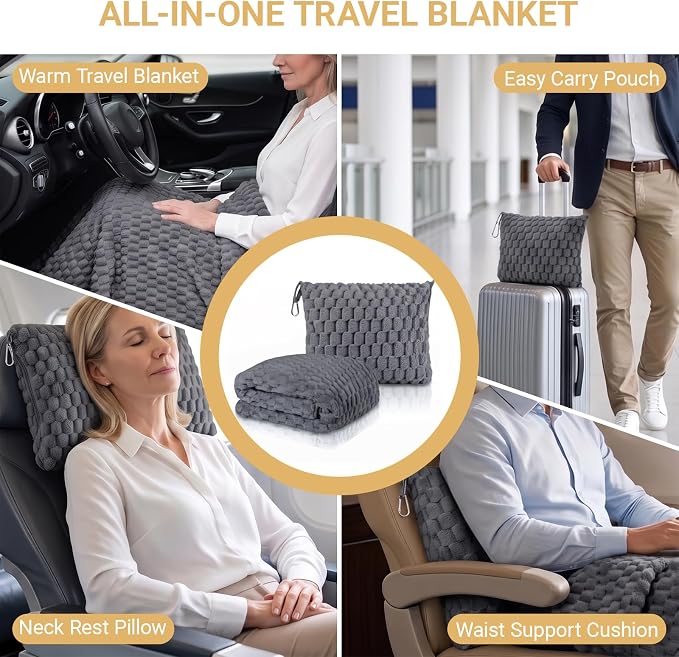 Travel Blanket with Bag, Soft Fleece Portable Airplane Blanket, Grey | Soft fleece travel blanket 50x60in grey. 5-in-1: pillow, lumbar support, shawl, hand warmer. Washable, luggage sleeve, clip. - Image 4