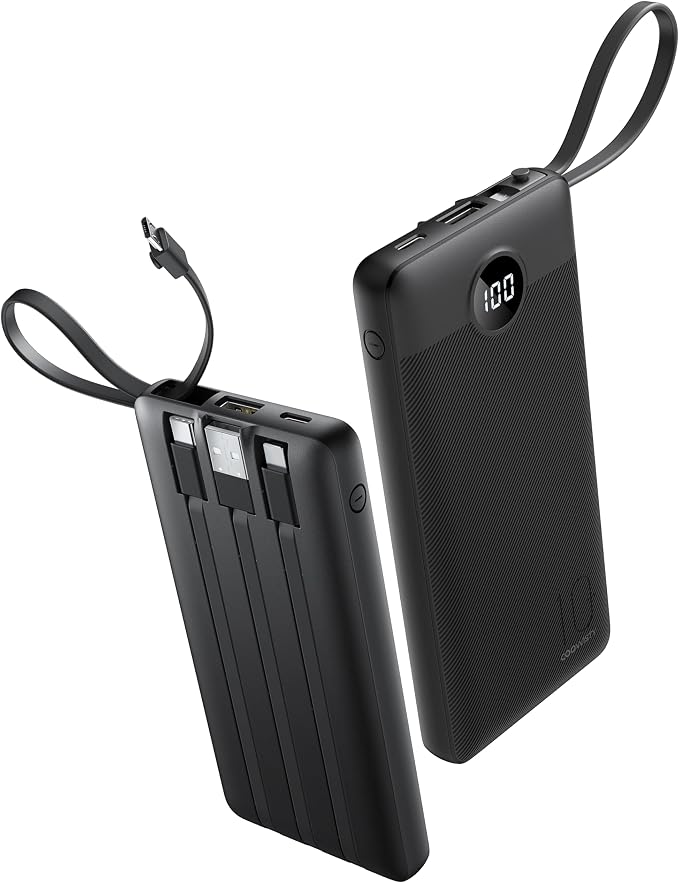 Portable Charger with Built-in Cables, Slim 10000mAh Power Bank with USB C, Travel Essentials External Battery Pack 5 Outputs 2 Inputs LED Display Compatible with iPhone/Android & More(Black) by KeepYourLifeCharged%EF%BC%81