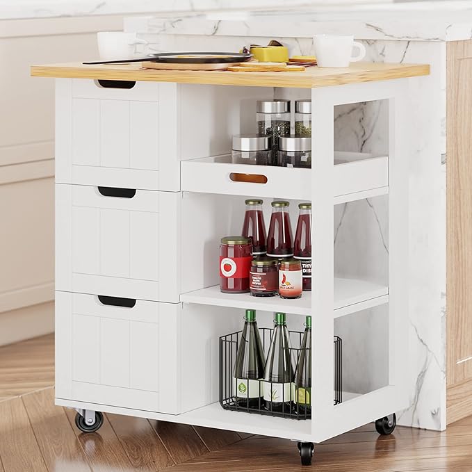 Shintenchi Kitchen Island Cart with Storage,Rolling Kitchen Island Storage Cabinet,Side Table on Wheels with Worktop,3 Open Shelves and 3 Drawers for Kitchen,Dinning Room, White by Shintenchi%7CFurnitureMadeforRealLife