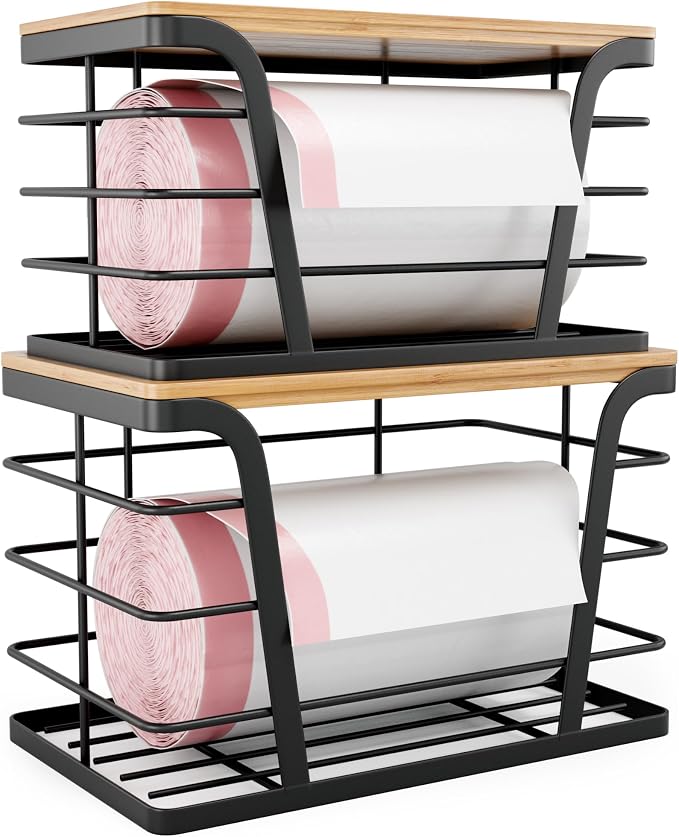 TIDIIABODE 2 Pack Stackable Storage Laundry Kitchen Organizers, Wall Mount Trash Bag Holder with Bamboo Top and Garbage Bag Dispenser No Drill by TrashBagHolder