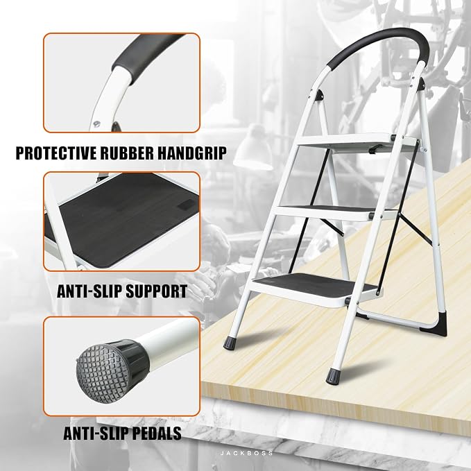 Jack Boss 3 Step Ladder, Folding Lightweight Step Stool with Wide Anti-Slip Pedal for Home, Office, Kitchen and Garage, Service Height 27.2 inch, 400 lbs Capacity - Image 6
