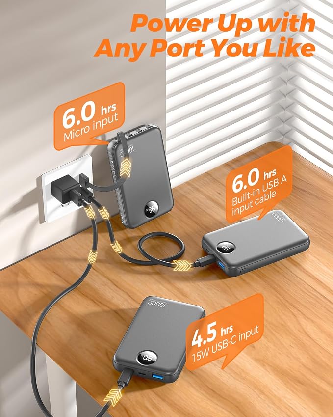 Portable Charger 10000mAh with 4 Built-in Cables 40% Smaller | Power Bank Fast Charging Battery Pack,LED Display Compact with Travel Charger for iPhone Other Devices-Grey - Image 6