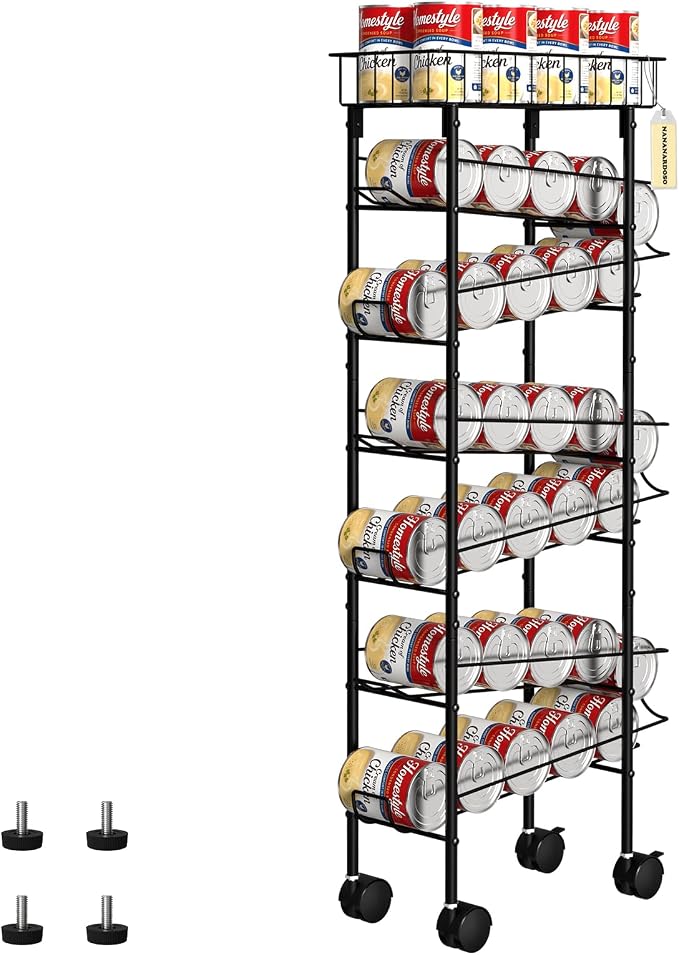 Slim Can Organizer Cart, Iron Narrow Soda Dispenser Rack for Kitchen, Black | Black,Canned Food Organizer, On Wheels, Top Basekt, Automatic Rolling Storage, for Narrow Space. by NANANARDOSO