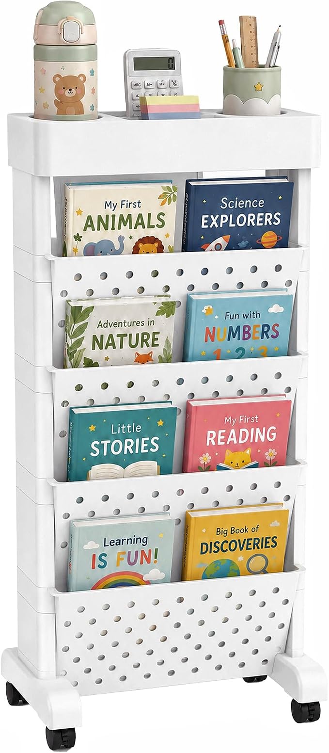 BYFU 5-Tier Movable Bookshelf Cart, 26.0" H, White | Rolling Wheels, File Paper Storage Organizer, Mobile Bookcase, For Home Office Study Classroom by BYFU-livingasimplelife