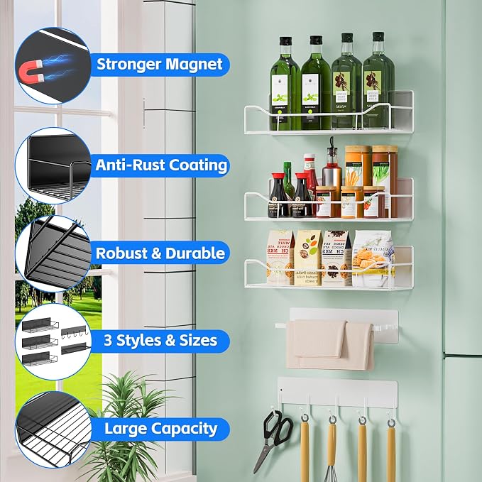 Magnetic Spice Rack for Refrigerator, 5 Pack Magnetic Fridge Organizer Shelves, Strong Magnetic Hold, No Drilling, Space Saving Storage Rack for Kitchen & Washing Machine Organizer (White) - Image 6