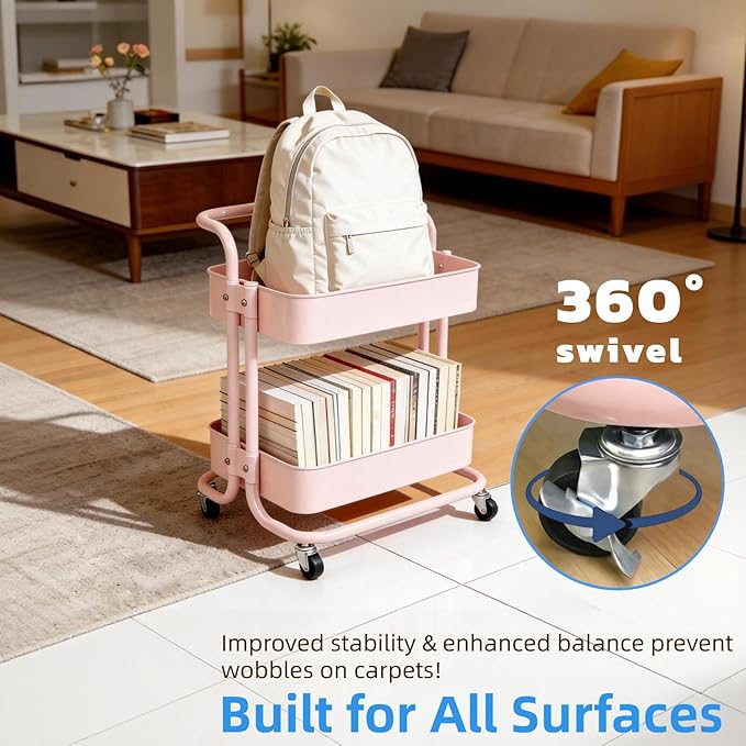 2 Tier Short Rolling Cart with Wheels All-Metal Pink Pantry Storage for Kitchen,Under Desk Trolley with Handle Small Wheeled Storage Cart for Laundry Room Bathroom, Under Table Small Space - Image 6