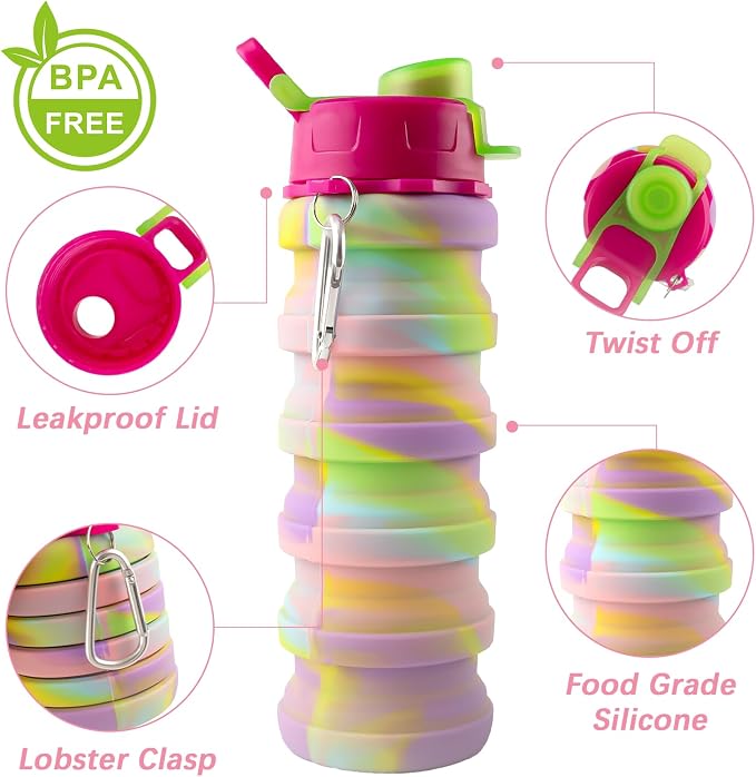 4 Pcs Collapsible Water Bottles 16 oz Portable Foldable Water Bottles Silicone Leak Proof Travel Water Bottle Reusable Sports Water Bottle with Metal Clip for Camping Hiking Travel - Image 3
