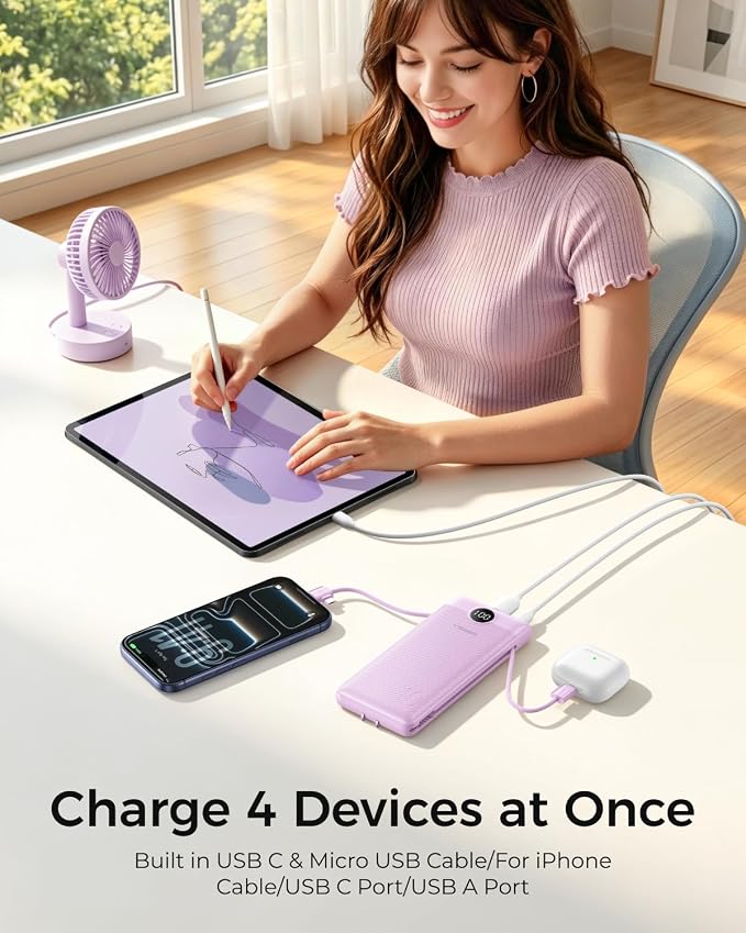 VEGER Portable Charger for iPhone, Power Bank Built in Cables and Wall Plug | 10000mAh,Ultra Slim&Compact,5 Outputs,LED Display,Power Bank for iPhone,Samsung,Travel Essentials for Camping Cruise Business - Image 3