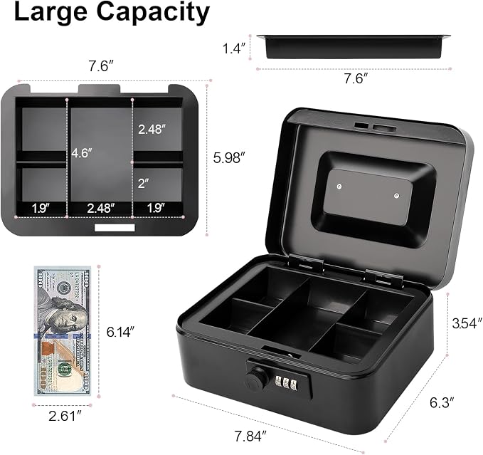 Jssmst Cash Box with Money Tray and Combination Lock - Secure Medication Lock Box for Home and Office Use, 7.87'' x 6.3'' x 3.54'' - Durable and Reliable Security Solution - Image 3