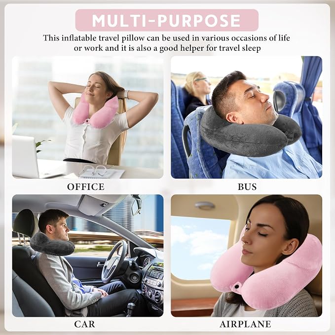 Sintuff 2 Pack Inflatable Travel Pillow for Airplanes Inflatable Neck Flight Pillows with Compact Bag and Blindfold for Traveling, Airplane, Train, Car, Office(Dark Gray and Light Pink) - Image 7