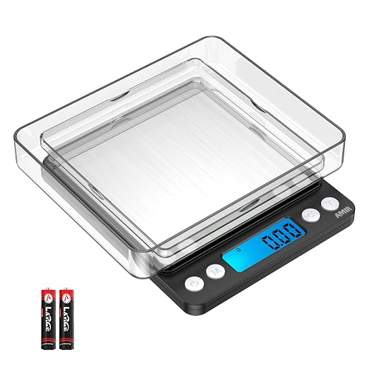 AMIR Digital Kitchen Scale, 500g/0.01g Mini Pocket Jewelry Scale, Cooking Food Scale with Backlit LCD Display, 2 Trays, 6 Units, Auto Off, Tare, PCS Function, Stainless Steel, Battery Included, Black by AMIR