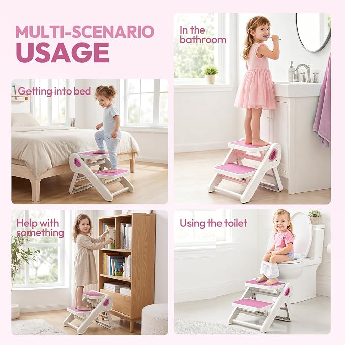 Foldable Toddler Step Stool for Bathroom Sink, Toilet, Bedroom, Kitchen – Non-Slip, Space-Saving, BPA-Free, Supports 110 lbs, Kids Step Stool (Pink) - Image 7