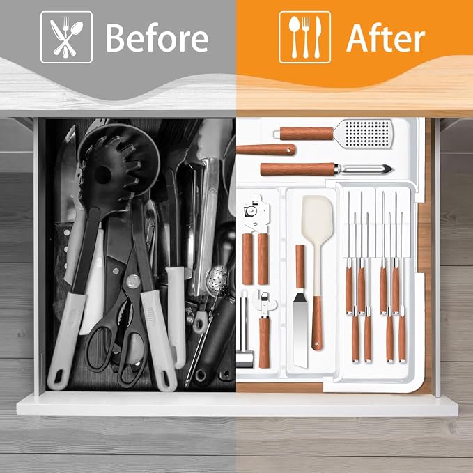 Homecor Kitchen Drawer Organizer Large Expandable Silverware Organizer, Utensil Holder and Flatware Tray, Kitchen Spatula Tools and Gadgets Storage with Removable Knife Blocks and 3 Dividers, White - Image 7